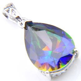 10 Pcs Sweater Necklaces Pendant 925 Silver Rainbow Water Drop Natural Mystic Topaz Gems Valentine's Day Gift For Woman