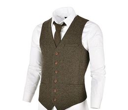 2019 Wedding Groom Vests Oliver Green Wool Single breasted Herringbone Tweed Vests Groomsmen Vest Mens Suit Vest Prom Waistcoat Custom Made