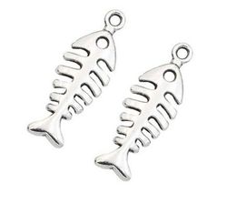 100Pcs alloy Fish Bone Charms Antique silver Charms Pendant For necklace Jewelry Making findings 25x9mm