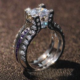 Wholesale Professional Top Selling Luxury Jewellery Brand Desgin 10kt White Gold Filled Round Cut CZ Amethyst Gemstones Couple Brdial Ring Set