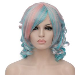 Stunning Pink Mixed Green Synthetic Fluffy Short Curly Side Bang Wig For Women