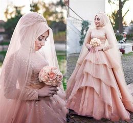 Luxurious Mulsim Pink Wedding Dresses Long Sleeve Tiers Sequins Arabic Country Train Plus Size vestido de noiva Bridal Gown Ball For Bride