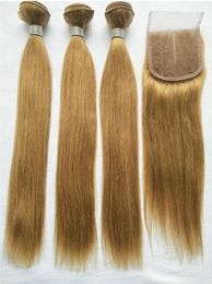 Brazilian Blonde Human Hair 3 Bundles with Lace Closure Coloured 27# Brazilian Straight Remy Human Hair Weave Extensions With Closure