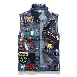 Classic Vintage Men's Labelling Style Flag Print Denim Vest Tops Sleeveless Jeans Jacket Slim Waistcoat Men Clothing Us Size M-xxxl 887