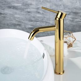 Golden Color Bathroom Sink Mixer Faucet Deck Mounted Gold Water Mixer Tapware Round Style 2 Height For Under & Top Counter
