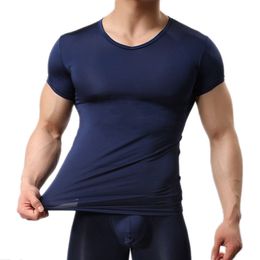 Stylish Men's Ultra Thin T-Shirt V-Neck Undershirt Short Sleeve Muscle Vest Tops Men Bodybuilding Girdles Slimming Body Shaper