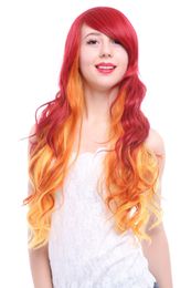 Womens Fashion 70cm Long Wavy Orange Red Fade Golden Hair Cosplay Full Wigs