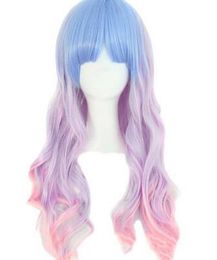 Long wig rose blue and purple corrugated 70cm with wick, cosplay
