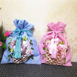 Hand Ribbon Embroidery Large Christmas Burlap Bags Gift Pouch Wedding Party Favor Bags Drawstring Bunk Fabric Pouches Packaging Bags 10pcs/l