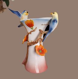 Ceramic Creative blue bird lovers flowers vase pot home decor crafts room Wedding decoration handicraft porcelain figurines
