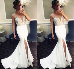 White Mermaid Prom Dresses V Neck Sheer Straps Beading Satin Side Split Floor Length Evening Dresses Zipper Up