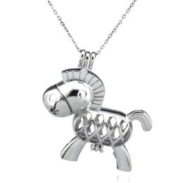 Silver Beauty Cute Horse Donkey Hollow Oil Diffuser Locket Women Aromatherapy Beads Pearl Oyster Cage Necklace Pendant-Boutique gift