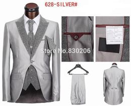 New Design Silver / Black Peak Lapel Groom Tuxedos Groomsmen Blazer Excellent Men Business Prom Party Suit(Jacket+Pants+Tie+Vest) NO:947