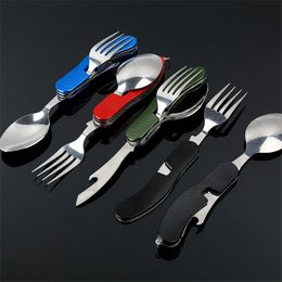 Multi-function Outdoor Camping Picnic Tableware Stainless Steel Cutlery 4 in 1 Folding Dinnerware Set&Bottle Opener LX0320