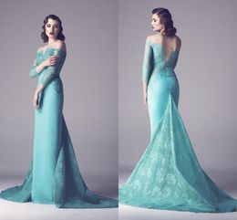 Green Newest Mint Mermaid Prom Dresses Off Shoulder 3/4 Sleeves Lace Applique Pleats Floor Length Formal Evening Dress Party Gowns Wear