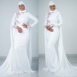 Elegant Muslim Mermaid Appliqued Evening Dresses With Cape High Neck Long Sleeves Prom Gowns Vestidos De Fiesta Sweep Train Formal Dress 407