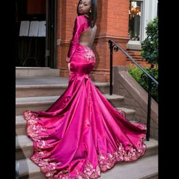 2K18 Black Girl Prom Dresses V-Neck Foral Applique Long Sleeve Cutaway Sides Party Dress Sexy Backless Satin Mermaid Evening Dress Prom Gow