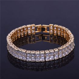 Fashion 2 Row CZ Stone Men's Square Tennis Bracelet Hip hop Jewellery 10mm Cubic Zircon Copper Material Gold Silver For Gift