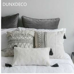 DUNXDECO Cushion Cover Decorative Pillow Case Nordic Geometric White Black Lines Tassels Modern Home Office Sofa Chair Decor