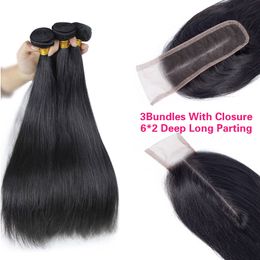 Grade 9A Brazilian Peruvian Malaysian Indian Straight Virgin Human Hair Weaves 3 Bundles With Lace Closure 6x2 Size Long Deep Middle Parting