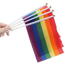 14*21cm Gay Pride Flag Lesbian LGBT Colourful Rainbow Hand Waving Banners With Plastic Flagpoles For Sports Parade Decor Hot Sale SN1054