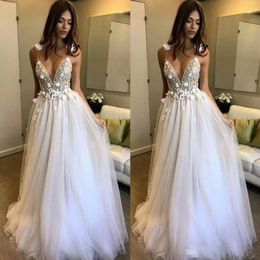 Boho Beach Wedding Dresses 2020 Berta A-Line Deep V-Neck Backless 3D Applique Beaded Flowers Floor Length Tulle Bridal Gowns