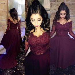 2017 Burgundy Two Piece Prom Dresses Long Sleeve with Lace Appliques Sequins Long Evening Gowns Prom Dresses Abendkleider
