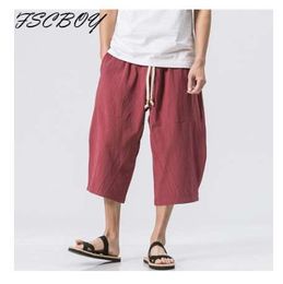 Men's Linen trousersFashion Men's Elastic Waist Wide Leg Cotton Harem Baggy mens Pants Patchwork Linen Capri Trousers