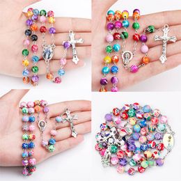 Religious Jewellery 8mm Colourful Clay Beads Catholic Rosary Necklace Women Long Strand Necklaces Jesus Cross Pendant Jewellery Gift