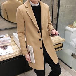 Men Khaki Blue Long Length Coats Fashion Wool Blend Slim Fit Parkas Man Winter Lapel Neck Coats