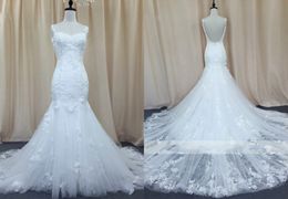 Sexy Backless Mermaid Wedding Dresses Real Photo Applique Lace With Spaghetti Straps Chapel Train Long For Bride Cheap