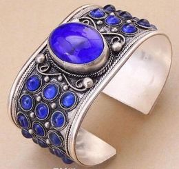 Excellent Lapis lazuli Bead Cuff Bracelet Tibet Silver Jewelry Woman Gift
