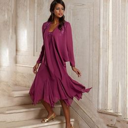 Elegant Appliqued Mother Of The Bride Dresses With Jacket Tea Length A-Line Chiffon Mother Dress Simple Cheap Weddings Guest Dresses