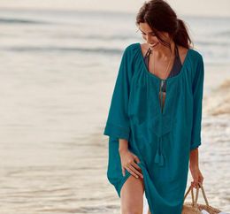 4 Colour Summer Robe Solid Cotton Pareo Beach Cover Up Women Swimsuit Cover-Ups Sexy Kaftan Dress