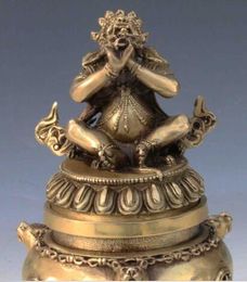 Chinese Brass Handwork Carved God Buddha Incense Burner & Lid