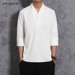 MRDONOO Men's autumn three quarter sleeve linen T-shirt Chinese style retro loose half sleeve cotton linen short top