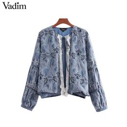 20187 Vadim women vintage floral embroidery jacket coat tassels bow tie long sleeve pleated coats female casual outerwear tops CA028
