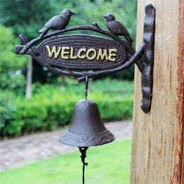 Antique Cast Iron Hanging Dinner Bell WELCOME Garden Decorations TWO BIRDS Decorative Wall Mounted Rustic Accent Outdoor Doorbell Handbell Metal Craft Retro Brown