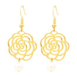 The latest design freshwater pearl earrings 14K gold rose flower hollow pierced earrings women fashion Jewellery