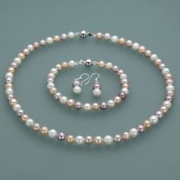 Fashion beautiful 7-8mm white/ pink/ purple/ natural fresh water cultured pearl necklace 45-19cm bracelet earrings set fashion jewelry