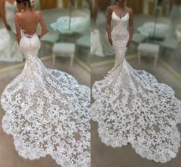 Sexy Mermaid Wedding Dresses Spaghetti Lace Appliques Court Train Backless Wedding Dress Beach Boho Style Custom Made Plus Size Bridal Gowns