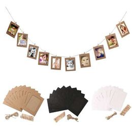 10pcs DIY 6inch Hanging Album Clip Kraft Paper Photo Frame Strings Rope Clips Sets for Wedding Decoration Garland (White)