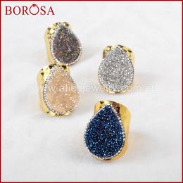 BOROSA Teardrop Natural Crystal Druzy Titanium Rainbow Color Druzy Band Ring Crystal Rhinestone Pave Zircon Edge JAB374