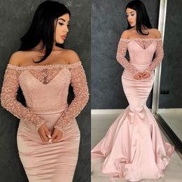 Gorgeous Pink Mermaid Prom Dresses Sexy See Through Long Sleeves Pearls Beaded Evening Gowns Off The Shoulder Satin Cocktail Party Dress