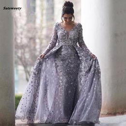 Gray Muslim Evening Dresses Mermaid V-neck Long Sleeves Tulle Lace Islamic Dubai Saudi Arabic Long Formal Evening Gown