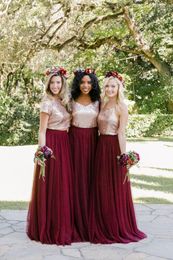 Burgundy Mismatched Sequins Tulle Long Bridesmaid Dresses Two Pieces Prom Dresses Country Style Wedding Party Gowns Custom Made