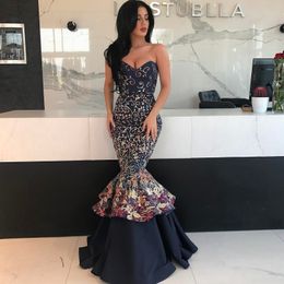 Delicate Embroidery Mermaid Prom Dresses Sexy Sweetheart Zipper Back Tiered Satin Evening Gown Glamorous Arabia Dubai Celebrity Evening Dres