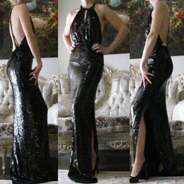 Black Halter Keyhole Sequined Mermaid Long Prom Dresses Sexy Backless Side Slit Evening Party Gowns Formal Red Carpet Celebrity Dresses