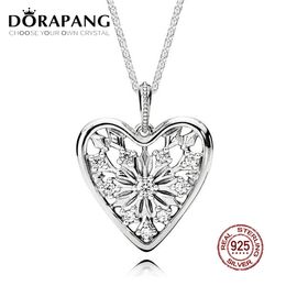 DORAPANG 100% 925 Sterling Silver Heart of Winter Necklace Clear CZ Pendant Charms Bead For Mother Gift Bracelet DIY