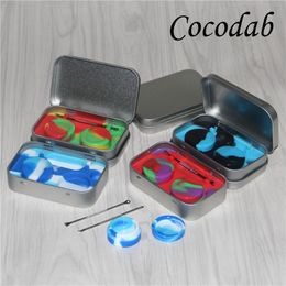 4 in 1 Tin Silicone Storage Kit Set with 2pcs 5ml Silicon Wax Container Oil Jar Base Silver Dabber Tools Metal Case